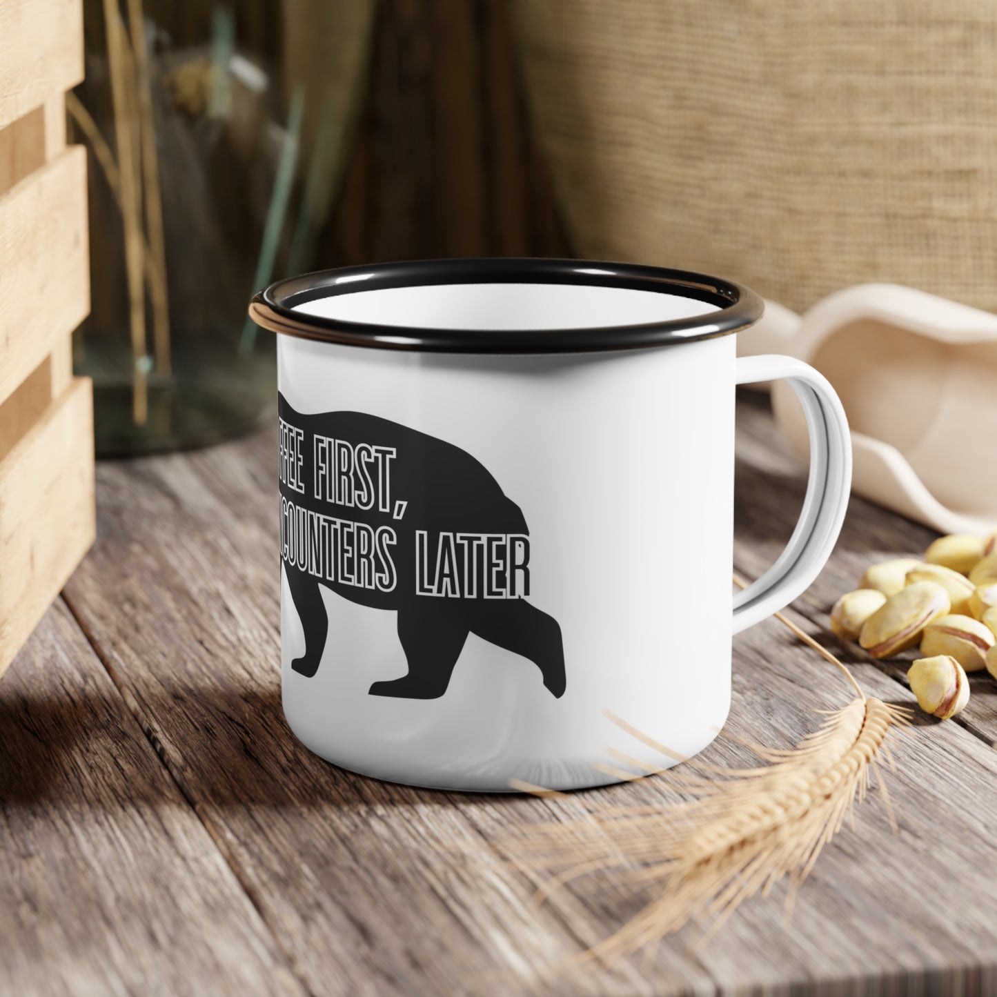 "Coffee First, Bear Encounters Later" Enamel Camp Cup