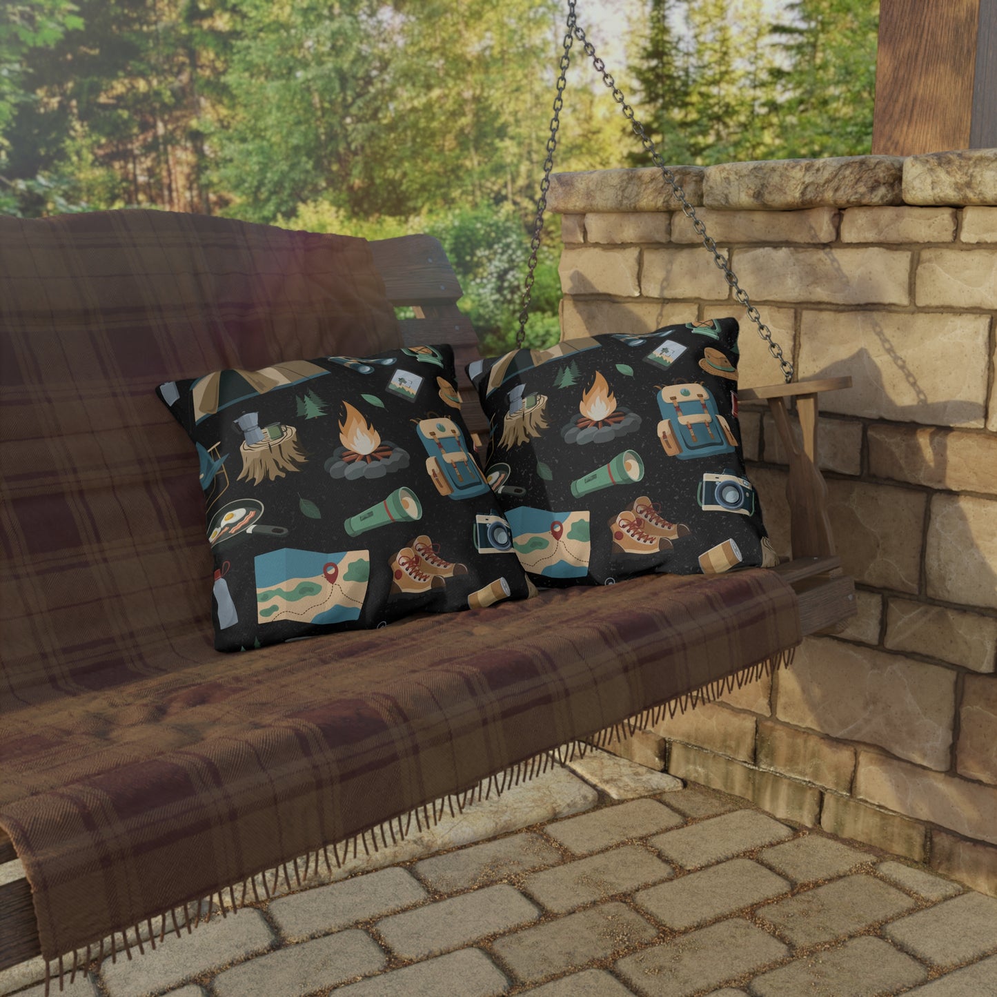 Camping Elements Black Outdoor Pillows