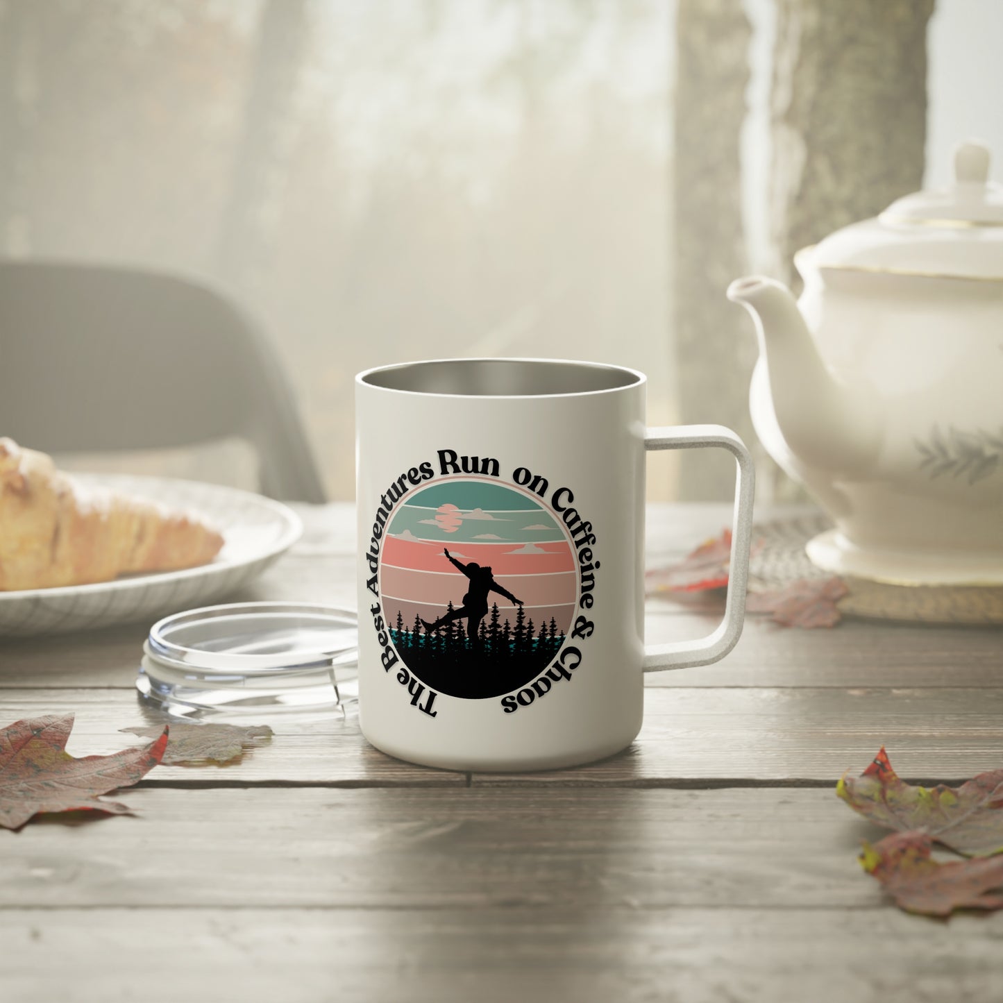 Adventure Insulated Coffee Mug - "Run on Caffeine & Adventure" - 10oz