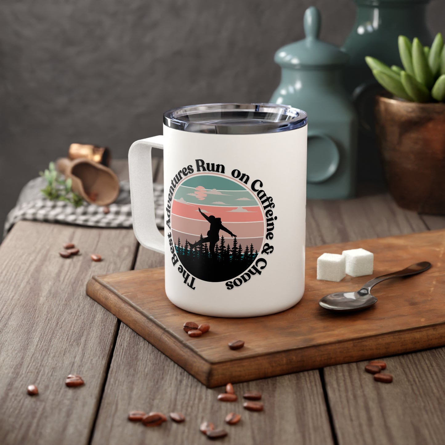 Adventure Insulated Coffee Mug - "Run on Caffeine & Adventure" - 10oz